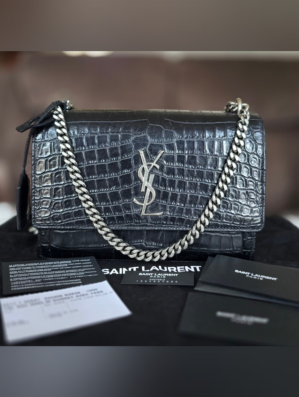 Saint Laurent Sunset Black Croc-Embossed Bag Shoulder/Crossbody Chain Bag